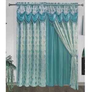 Teal Curtains Jacquard Panel with Backing Attached Waterfall Valance with Tassel